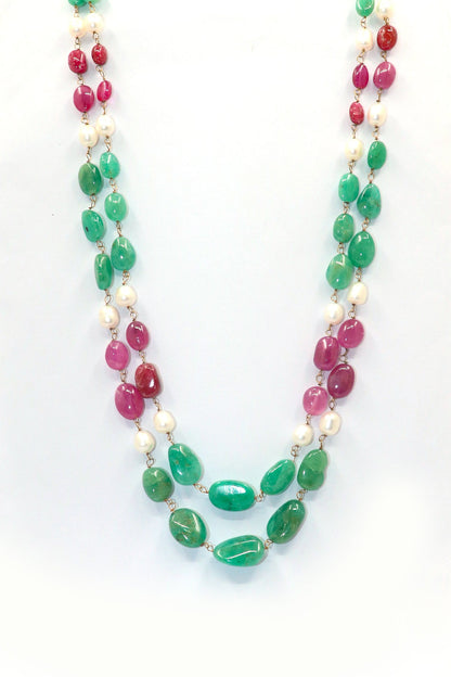 Gargi Necklace : RUBY, PEARL, EMERALD Multi Gemstone Necklace - SurabhiJewels