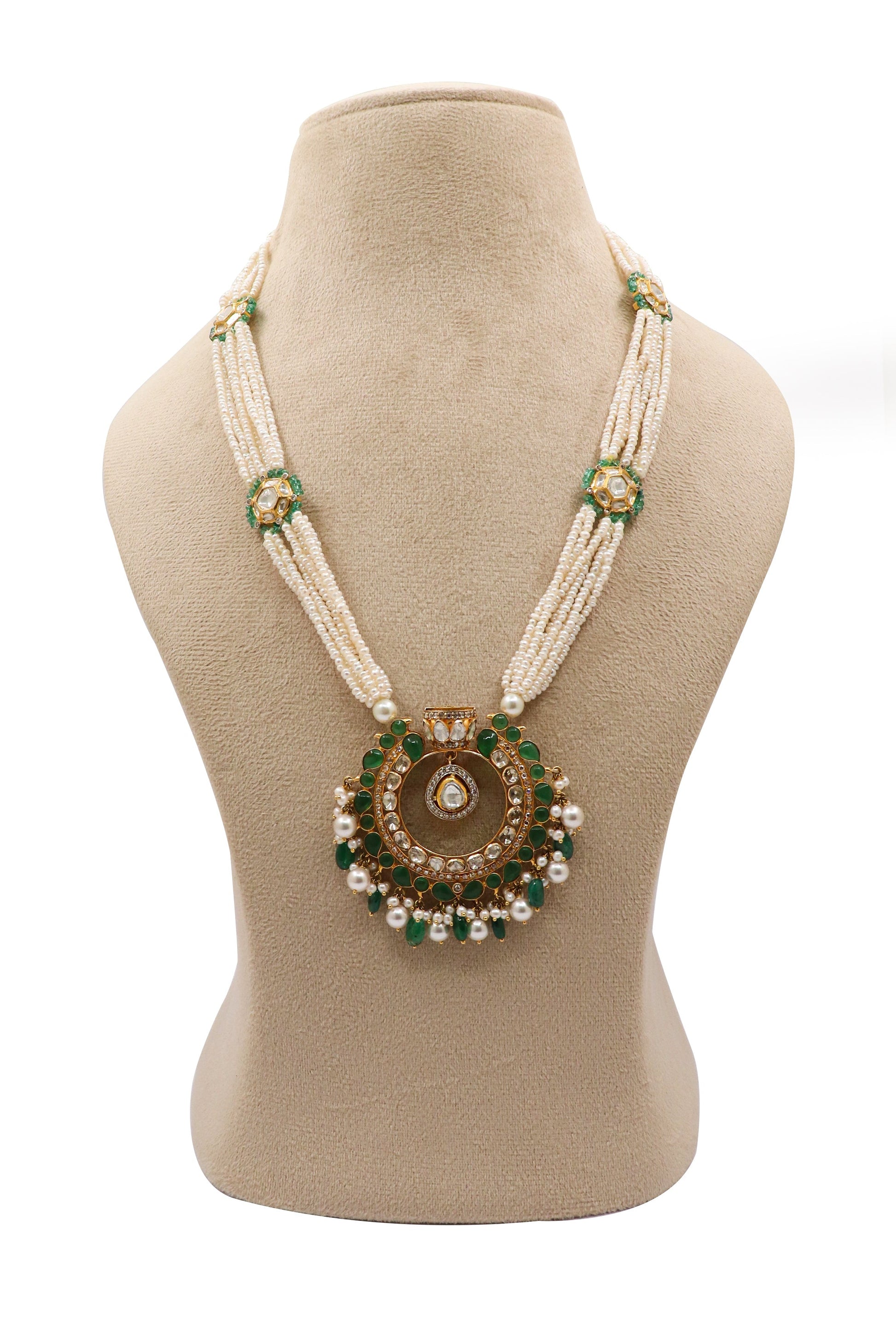 Gayatri Devi Necklace : Pure Gold Emerald, Pearl With Polki Diamond Minakari Jadau Necklace Set Jewelry - SurabhiJewels