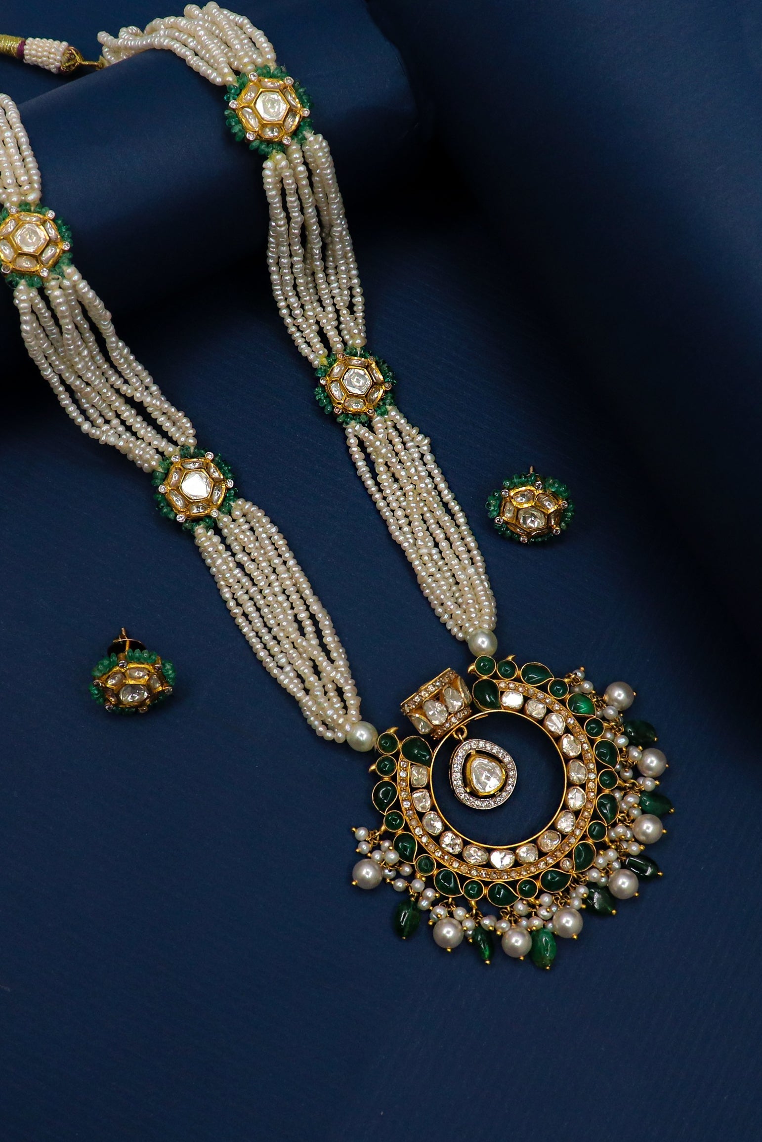 Gayatri Devi Necklace : Pure Gold Emerald, Pearl With Polki Diamond Minakari Jadau Necklace Set Jewelry - SurabhiJewels