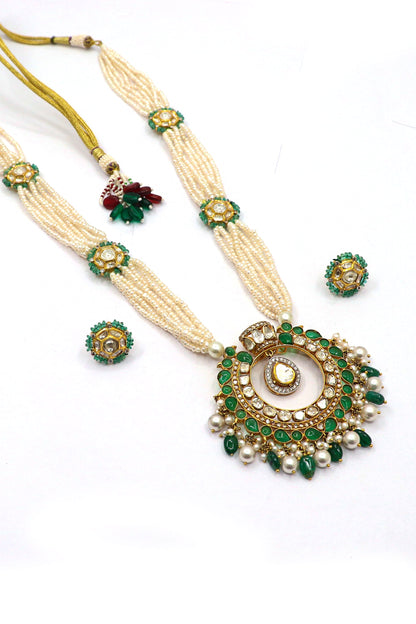 Gayatri Devi Necklace : Pure Gold Emerald, Pearl With Polki Diamond Minakari Jadau Necklace Set Jewelry - SurabhiJewels