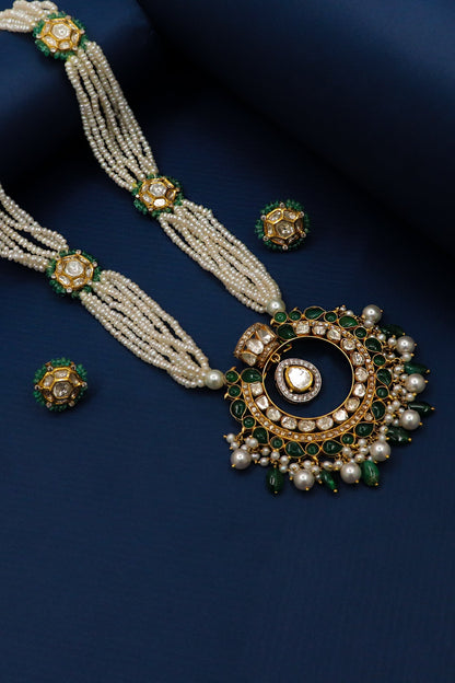 Gayatri Devi Necklace : Pure Gold Emerald, Pearl With Polki Diamond Minakari Jadau Necklace Set Jewelry - SurabhiJewels