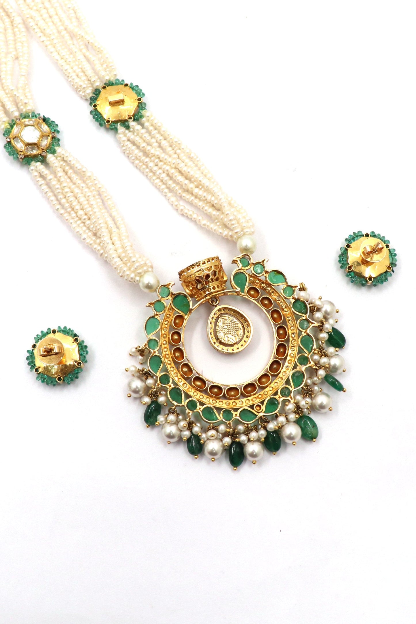 Gayatri Devi Necklace : Pure Gold Emerald, Pearl With Polki Diamond Minakari Jadau Necklace Set Jewelry - SurabhiJewels