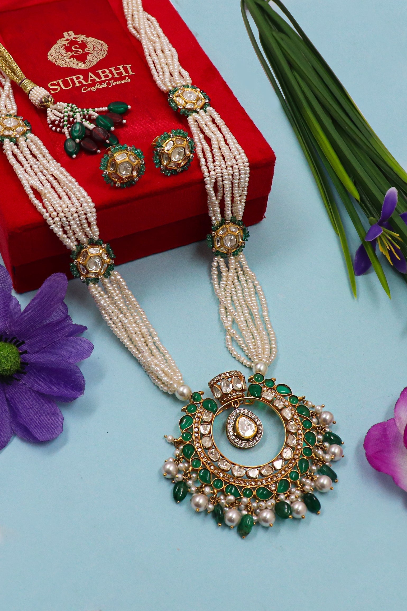 Gayatri Devi Necklace : Pure Gold Emerald, Pearl With Polki Diamond Minakari Jadau Necklace Set Jewelry - SurabhiJewels