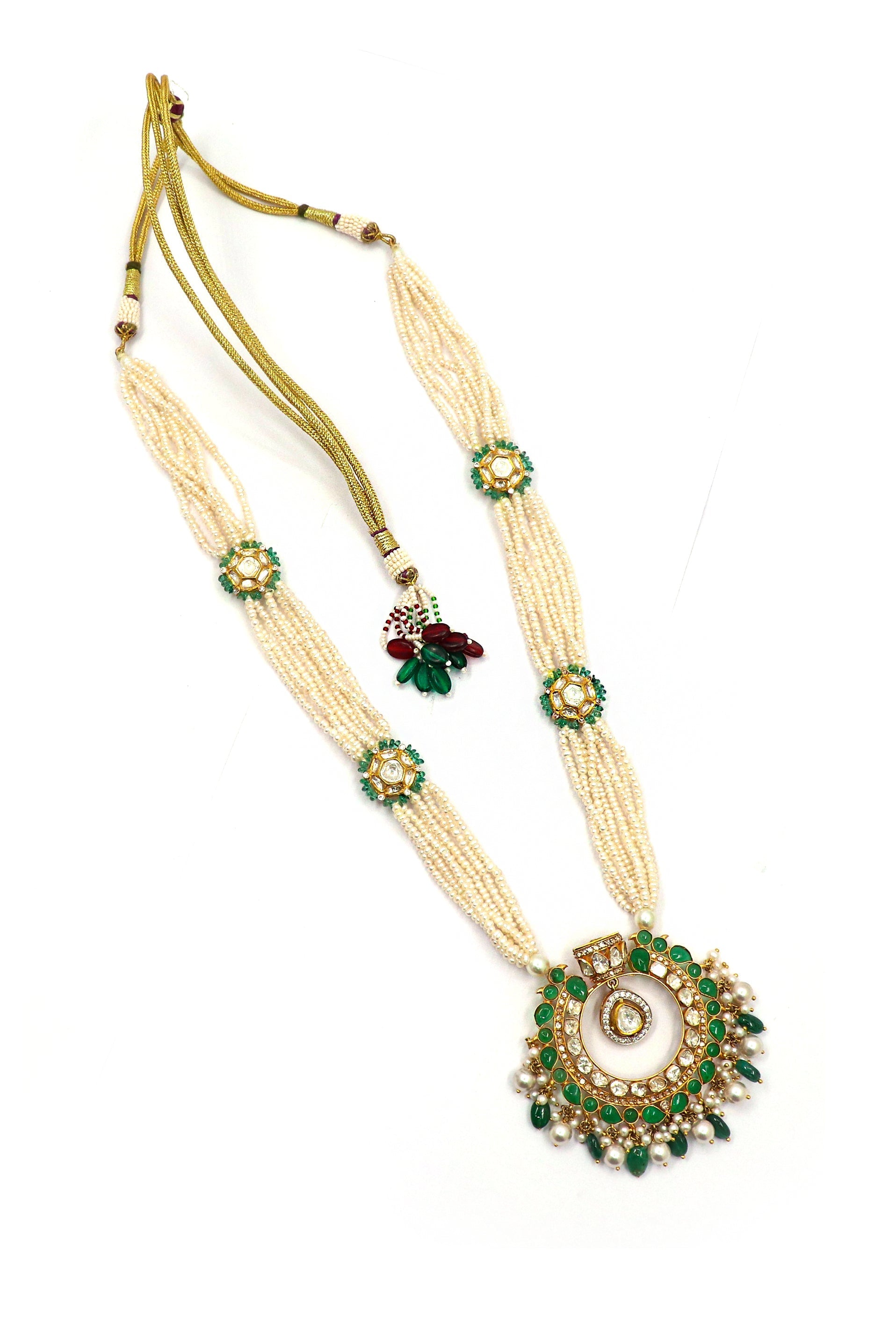 Gayatri Devi Necklace : Pure Gold Emerald, Pearl With Polki Diamond Minakari Jadau Necklace Set Jewelry - SurabhiJewels