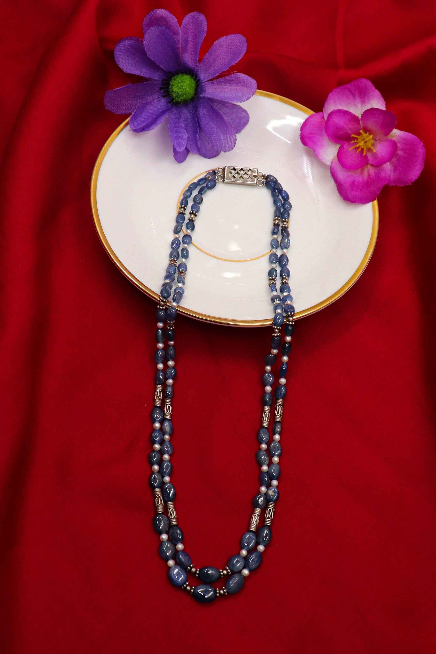 Gopeshwari Necklace : Pearl, Blue Sapphire Gemstone Multi layer Necklace - SurabhiJewels