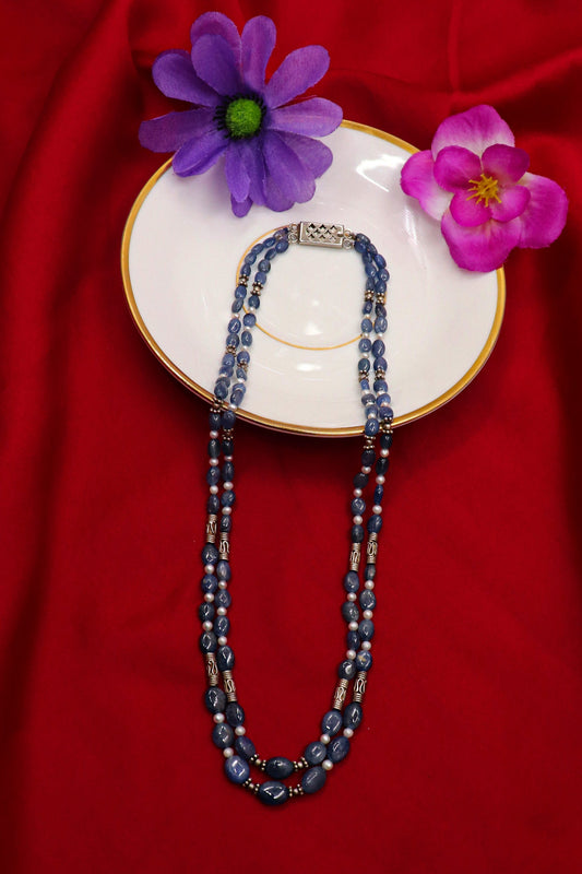 Gopeshwari Necklace : Pearl, Blue Sapphire Gemstone Multi layer Necklace - SurabhiJewels