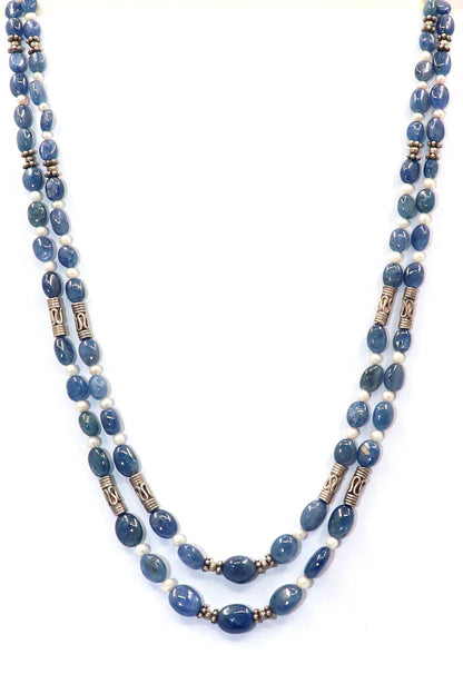 Gopeshwari Necklace : Pearl, Blue Sapphire Gemstone Multi layer Necklace - SurabhiJewels