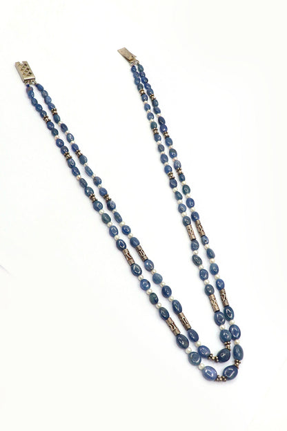 Gopeshwari Necklace : Pearl, Blue Sapphire Gemstone Multi layer Necklace - SurabhiJewels