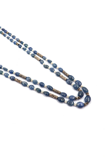 Gopeshwari Necklace : Pearl, Blue Sapphire Gemstone Multi layer Necklace - SurabhiJewels