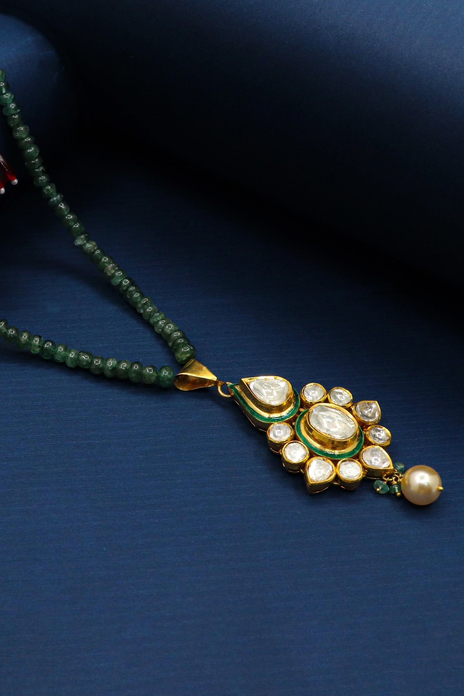 Jadau Necklace Pure Gold Emerald, Pearl With Polki Diamond Minakari Necklace - SurabhiJewels