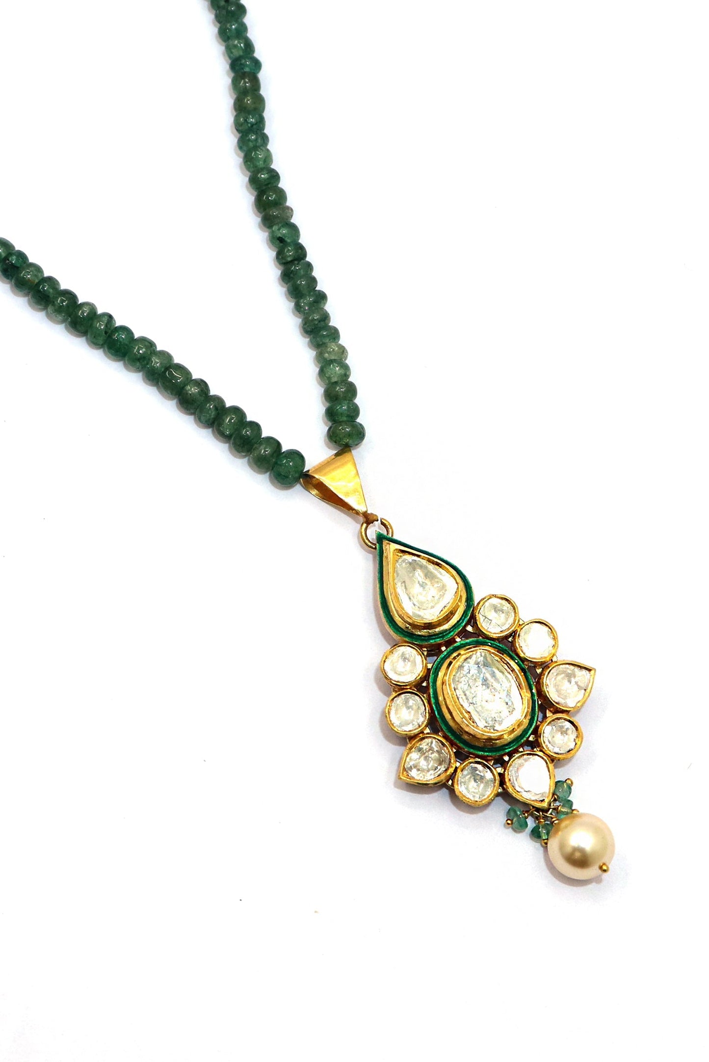 Jadau Necklace Pure Gold Emerald, Pearl With Polki Diamond Minakari Necklace - SurabhiJewels