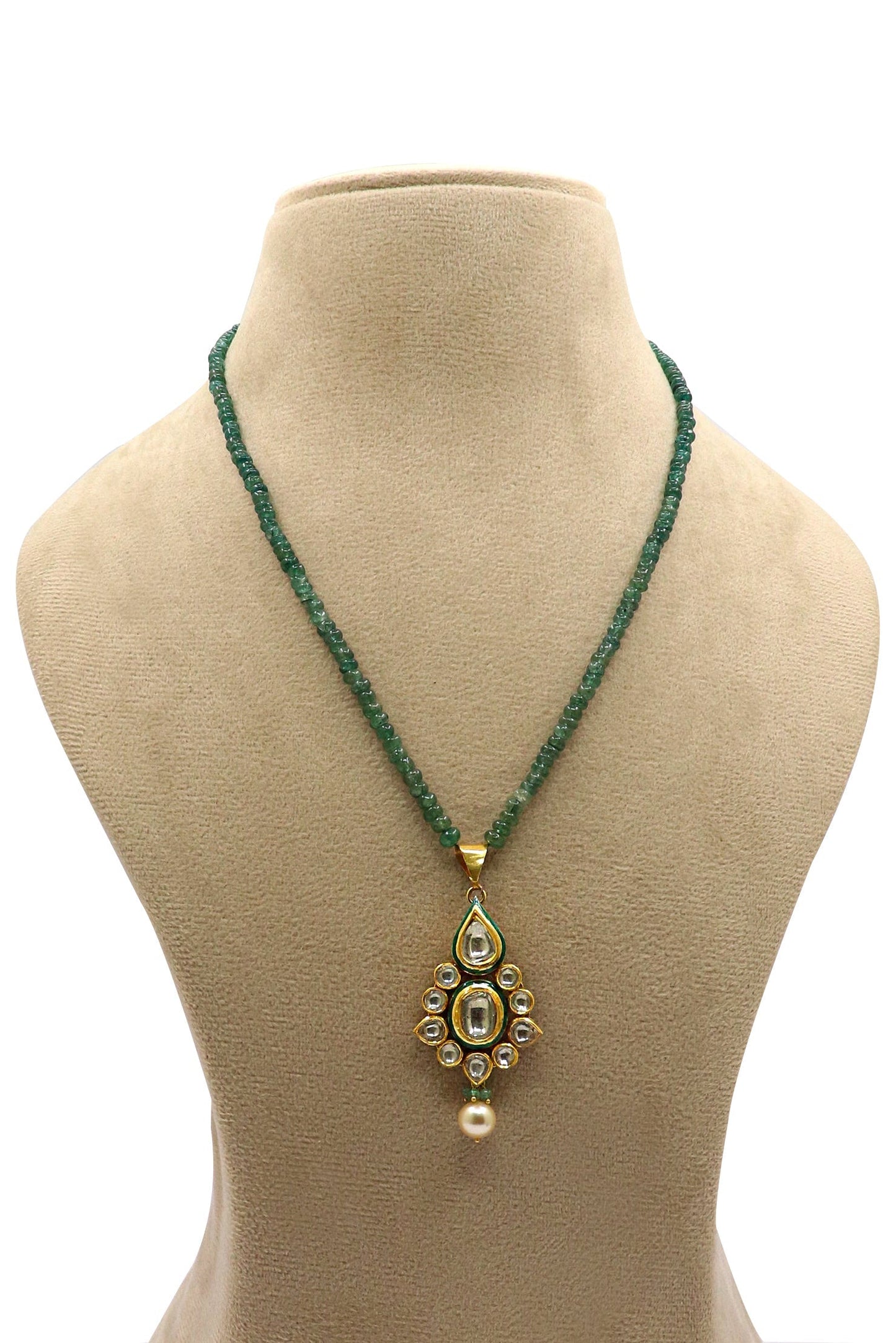 Jadau Necklace Pure Gold Emerald, Pearl With Polki Diamond Minakari Necklace - SurabhiJewels