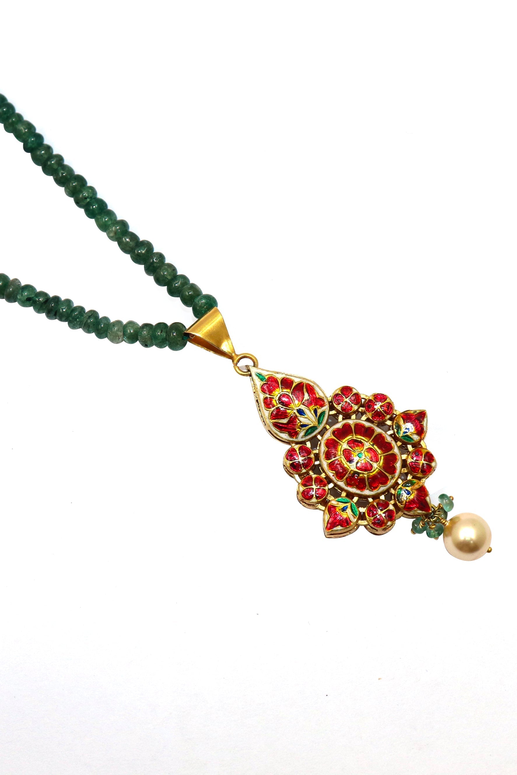 Jadau Necklace Pure Gold Emerald, Pearl With Polki Diamond Minakari Necklace - SurabhiJewels