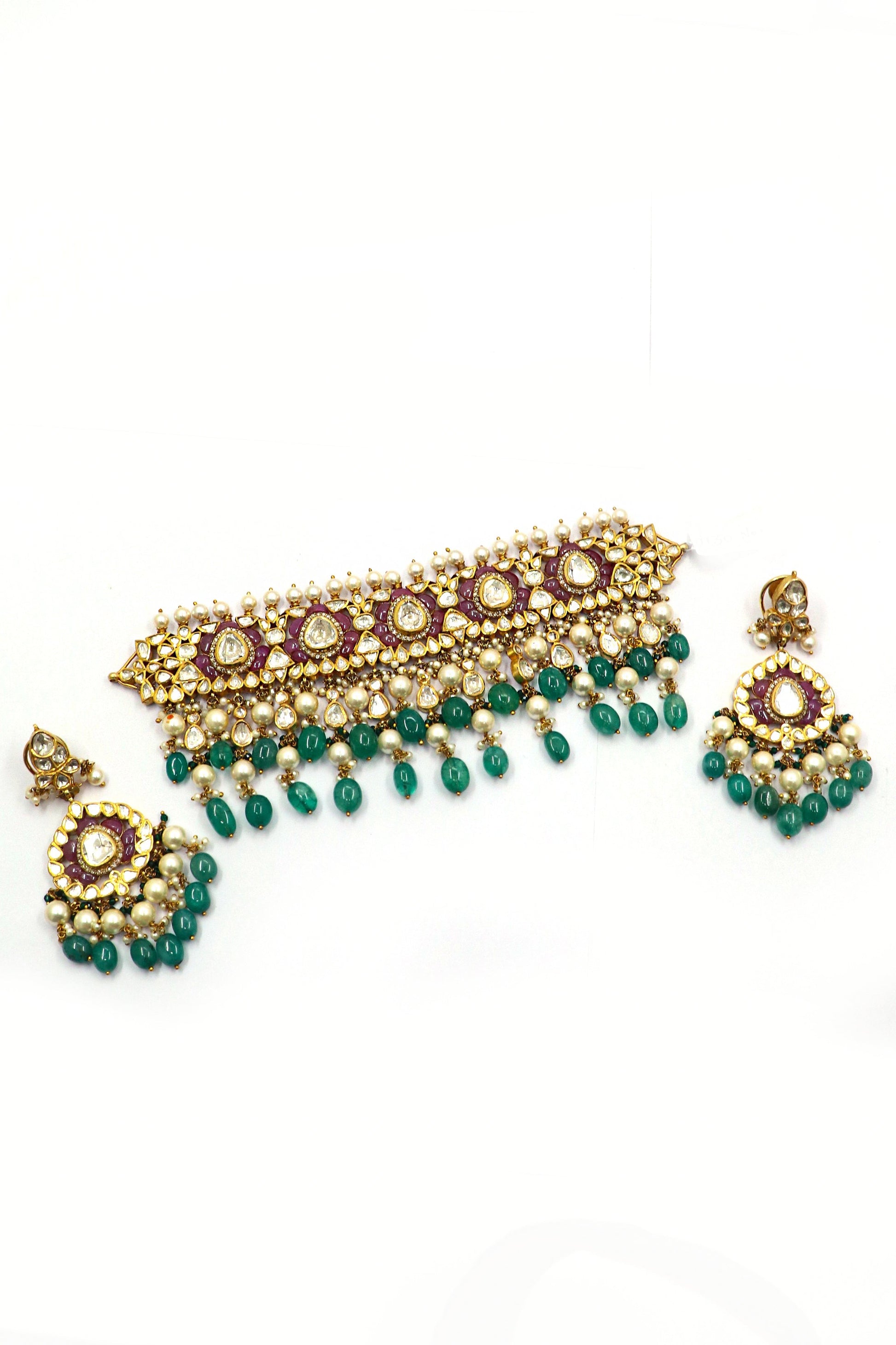 Jaidevi Necklace : Precious Gemstones Jadau Gold Necklace Set Jewelry - SurabhiJewels