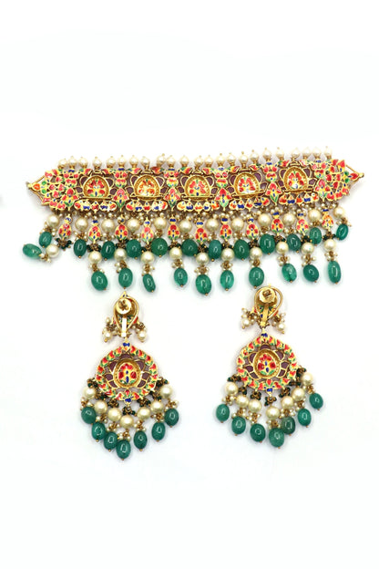 Jaidevi Necklace : Precious Gemstones Jadau Gold Necklace Set Jewelry - SurabhiJewels