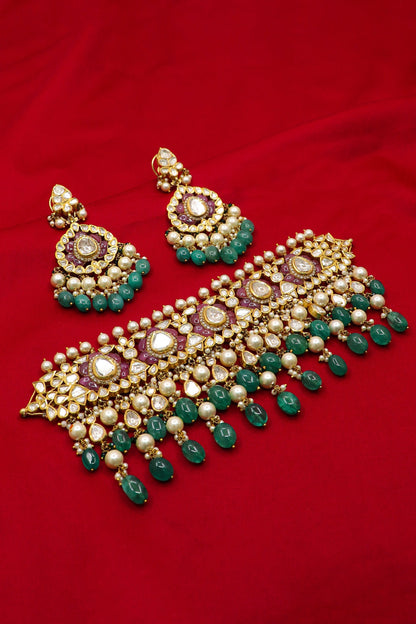 Jaidevi Necklace : Precious Gemstones Jadau Gold Necklace Set Jewelry - SurabhiJewels