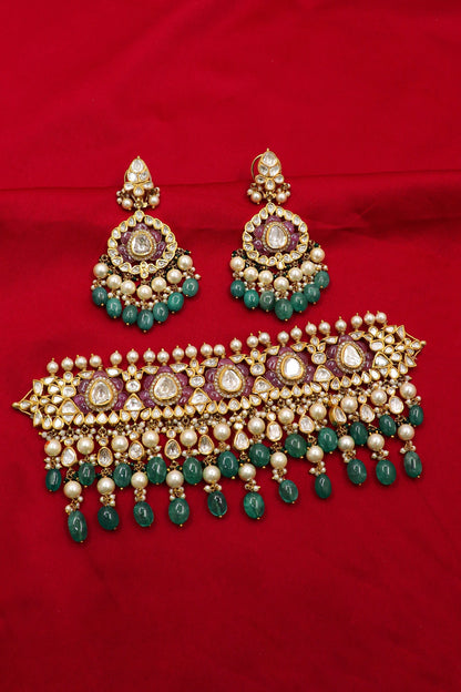 Jaidevi Necklace : Precious Gemstones Jadau Gold Necklace Set Jewelry - SurabhiJewels