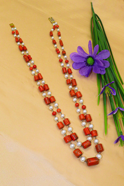 Karuna Necklace : Dazzle Coral with Pearl Gemstone Layering Daily Necklaces - SurabhiJewels