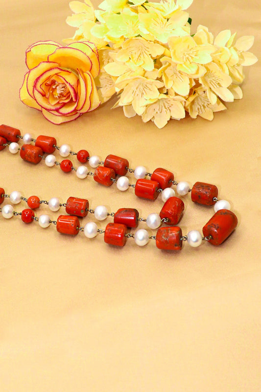 Karuna Necklace : Dazzle Coral with Pearl Gemstone Layering Daily Necklaces - SurabhiJewels