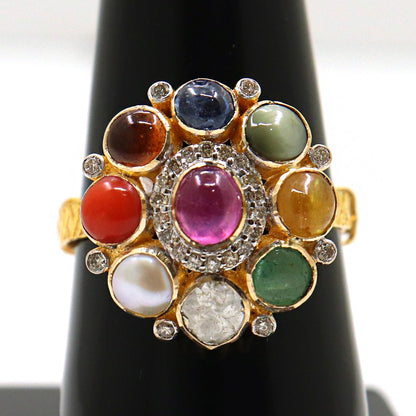 Nine Gemstones Gold Plated Round Gemstones Ring Jewelry - SurabhiJewels