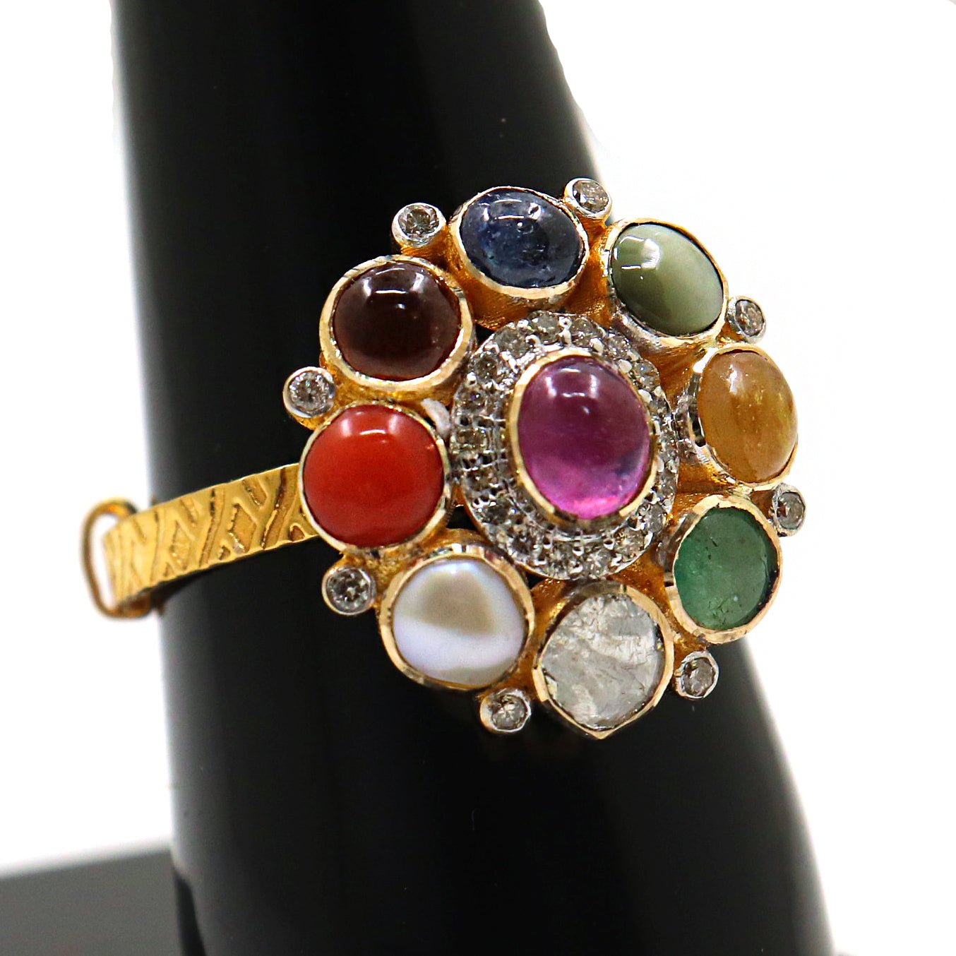 Nine Gemstones Gold Plated Round Gemstones Ring Jewelry - SurabhiJewels