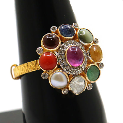 Nine Gemstones Gold Plated Round Gemstones Ring Jewelry - SurabhiJewels