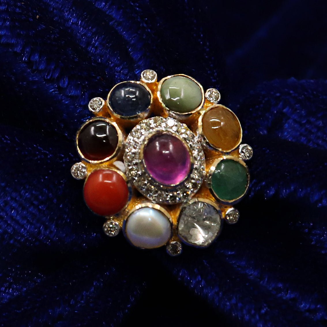 Nine Gemstones Gold Plated Round Gemstones Ring Jewelry - SurabhiJewels