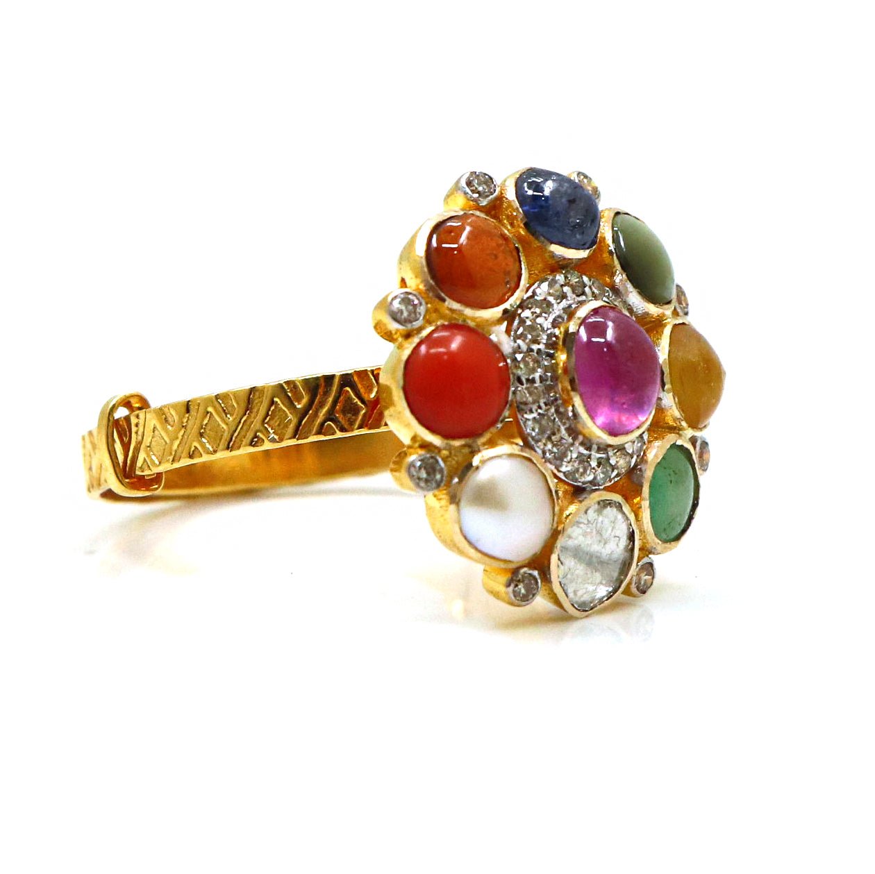 Nine Gemstones Gold Plated Round Gemstones Ring Jewelry - SurabhiJewels