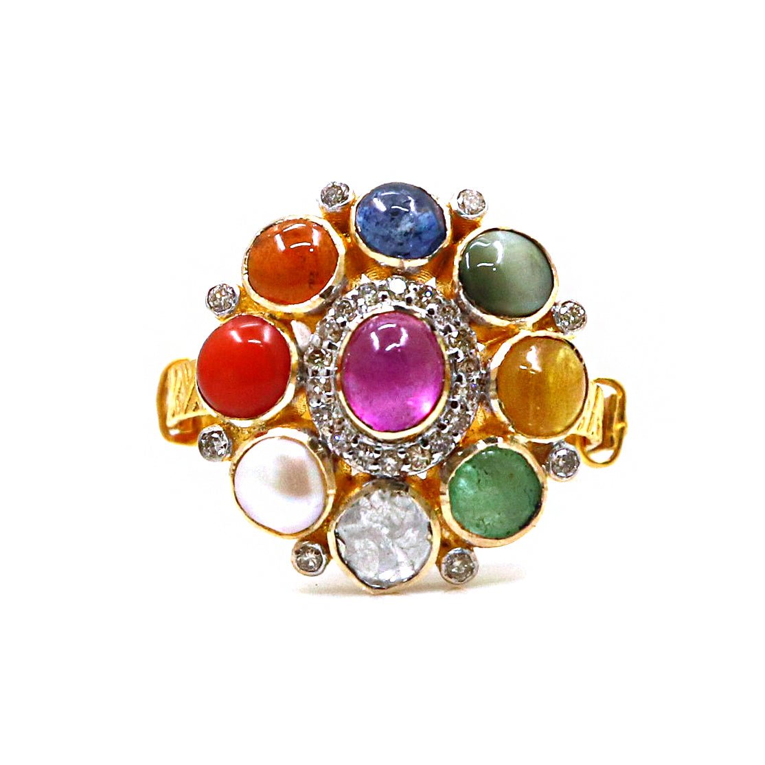 Nine Gemstones Gold Plated Round Gemstones Ring Jewelry - SurabhiJewels