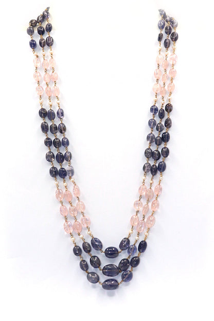 Omkari Necklace : TANZANITE, ROSE QUARTZ GEMSRONE NECKLACE - SurabhiJewels