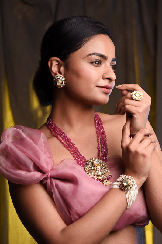 Opulent Pink Tourmaline & Pearl Necklace With 18kt Gold Uncut Diamond - SurabhiJewels