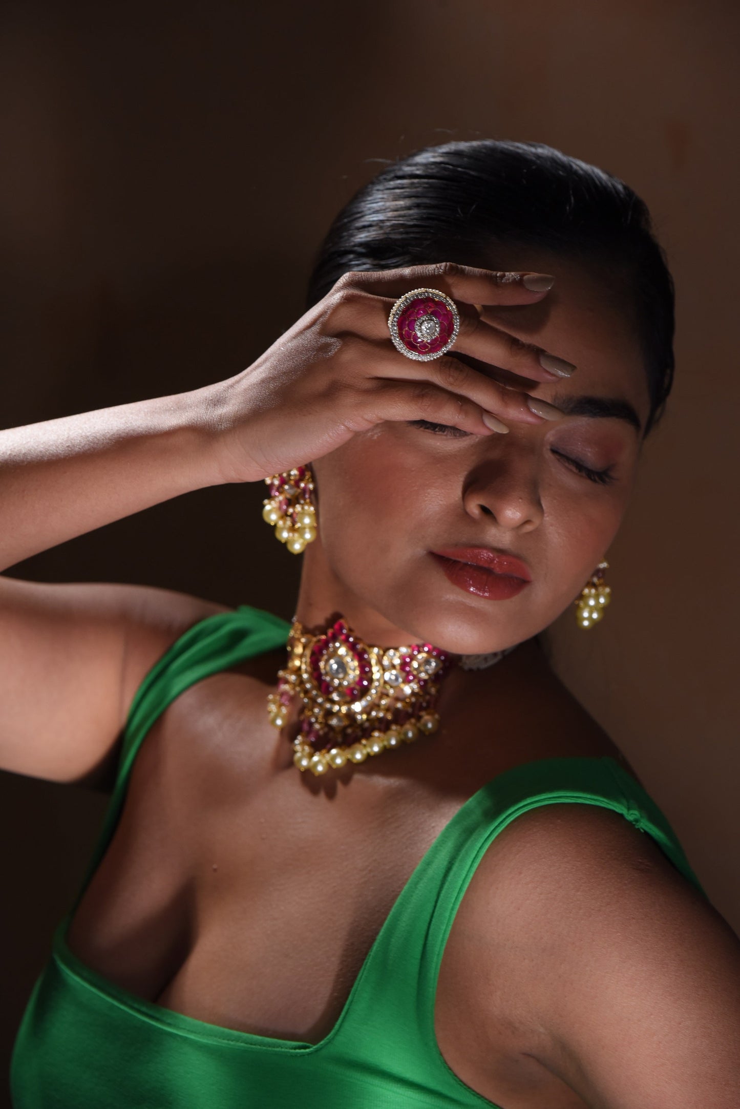 Ostentatious Ruby & Pearl Ring With 18kt Gold And Uncut Diamond Finish - SurabhiJewels