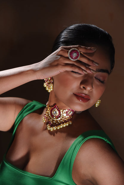 Ostentatious Ruby & Pearl Ring With 18kt Gold And Uncut Diamond Finish - SurabhiJewels