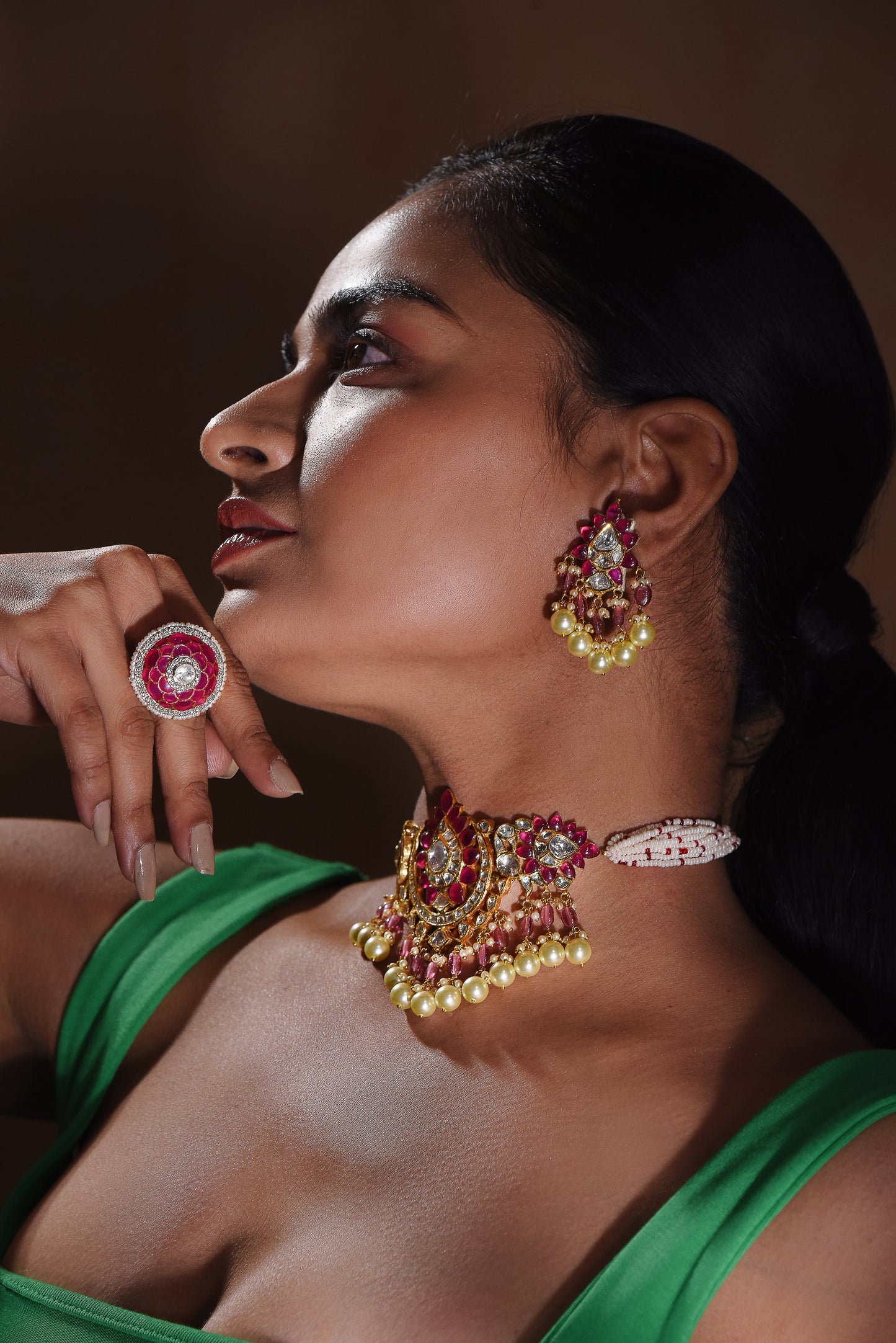 Ostentatious Ruby & Pearl Ring With 18kt Gold And Uncut Diamond Finish - SurabhiJewels