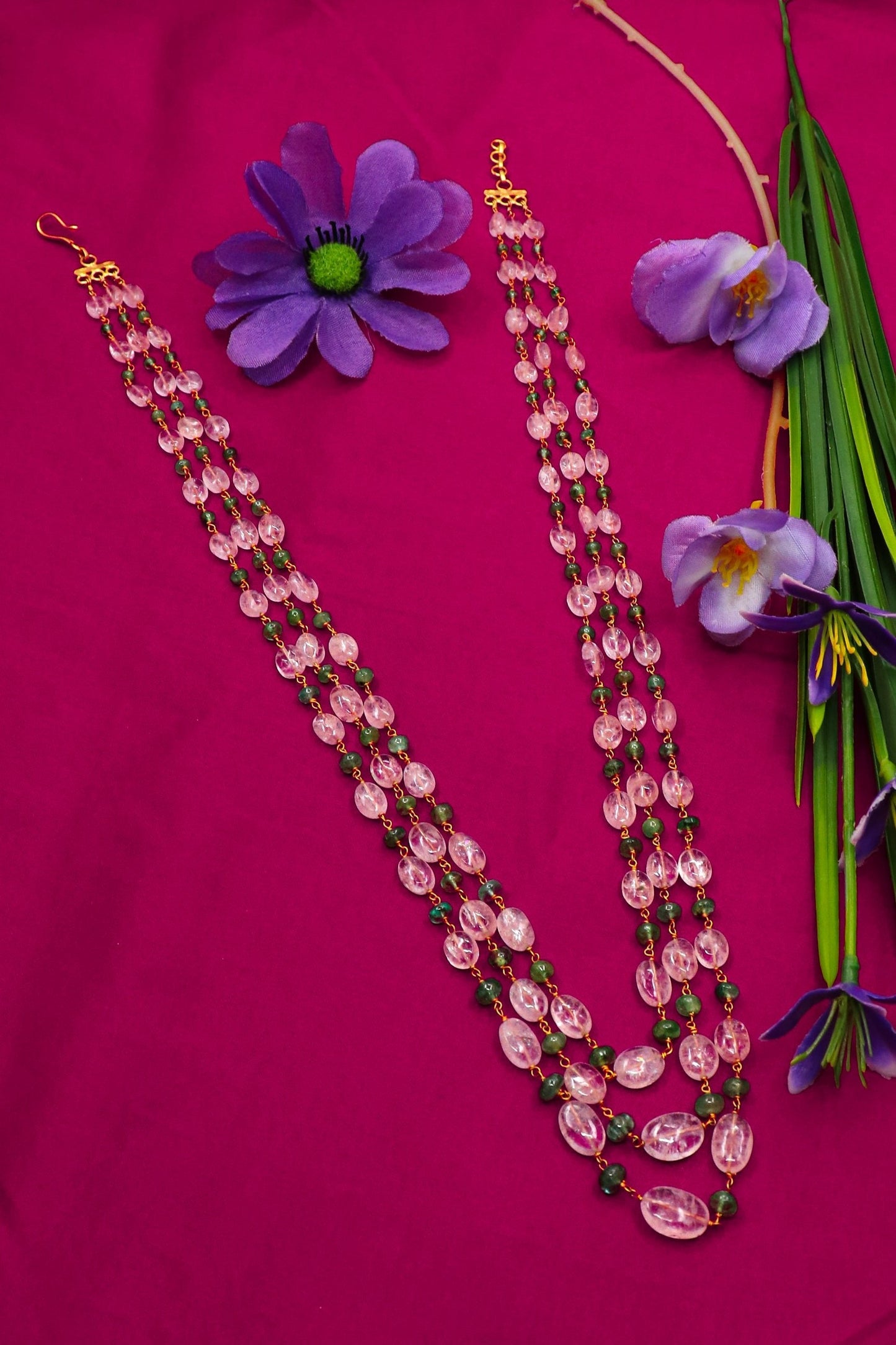 Padma Necklace : EMERALD, ROSE QURTZ Multi Gemstone Necklace - SurabhiJewels