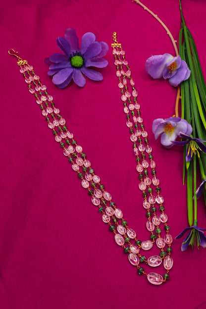 Padma Necklace : EMERALD, ROSE QURTZ Multi Gemstone Necklace - SurabhiJewels