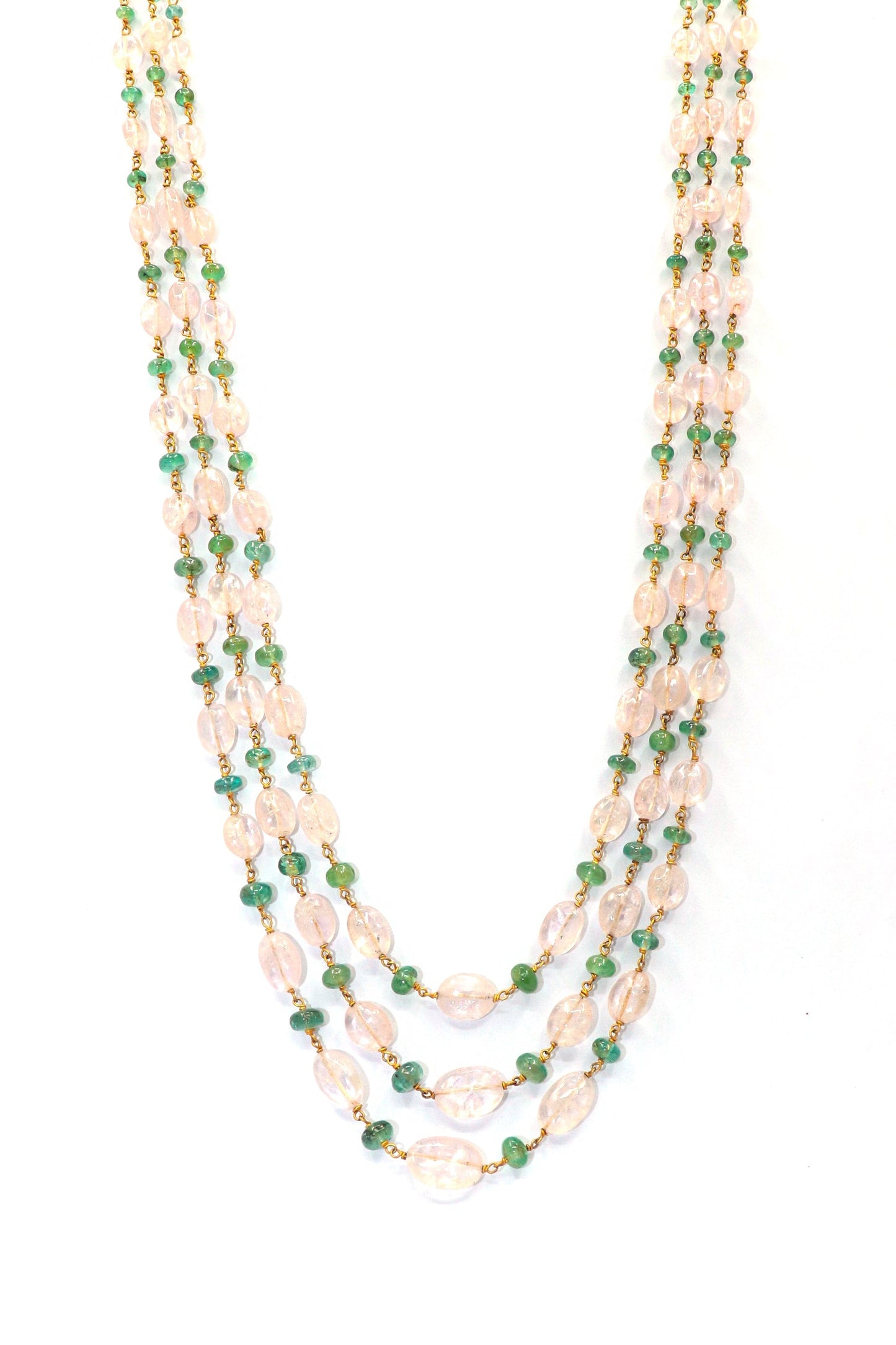 Padma Necklace : EMERALD, ROSE QURTZ Multi Gemstone Necklace - SurabhiJewels