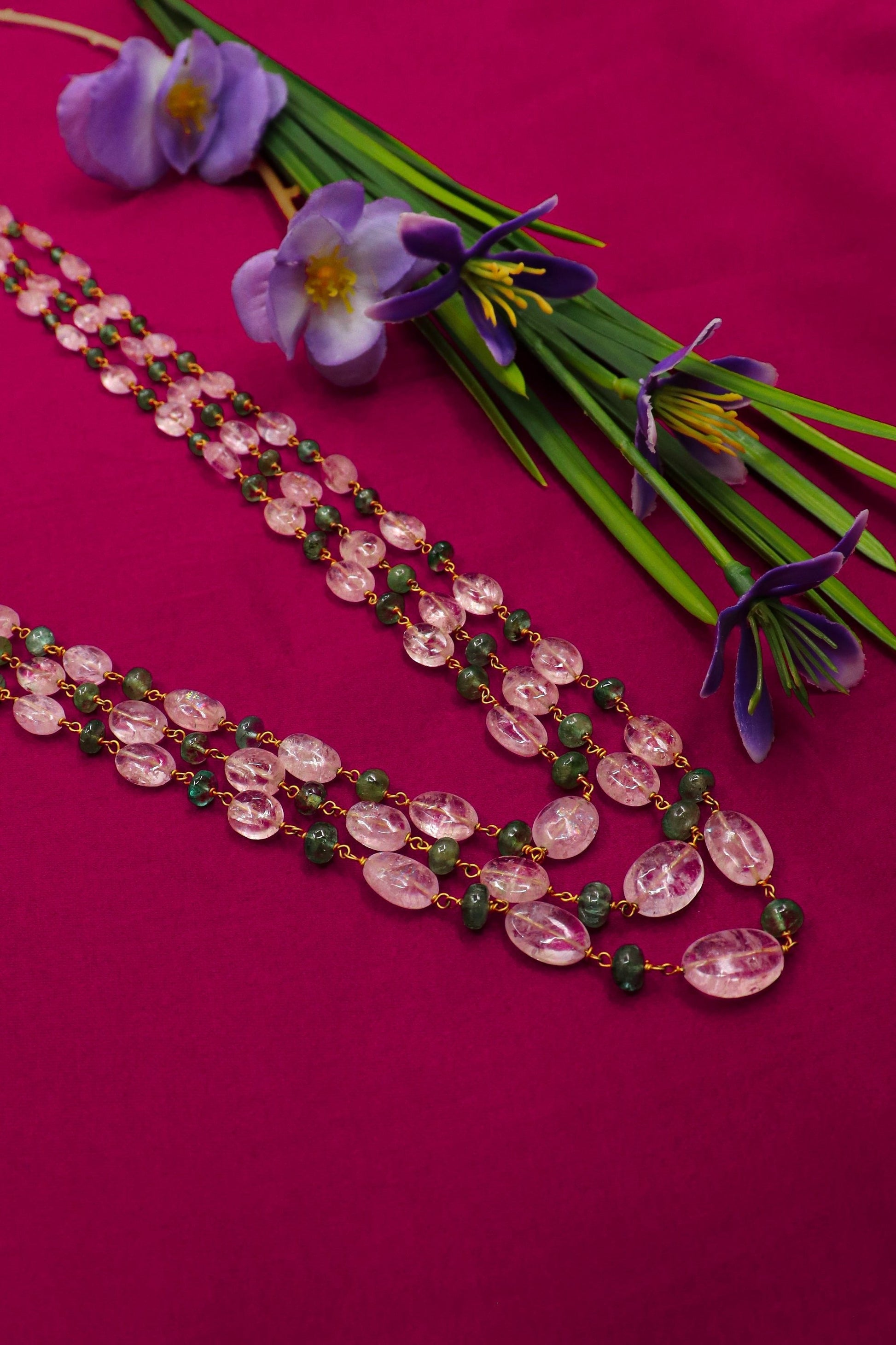 Padma Necklace : EMERALD, ROSE QURTZ Multi Gemstone Necklace - SurabhiJewels