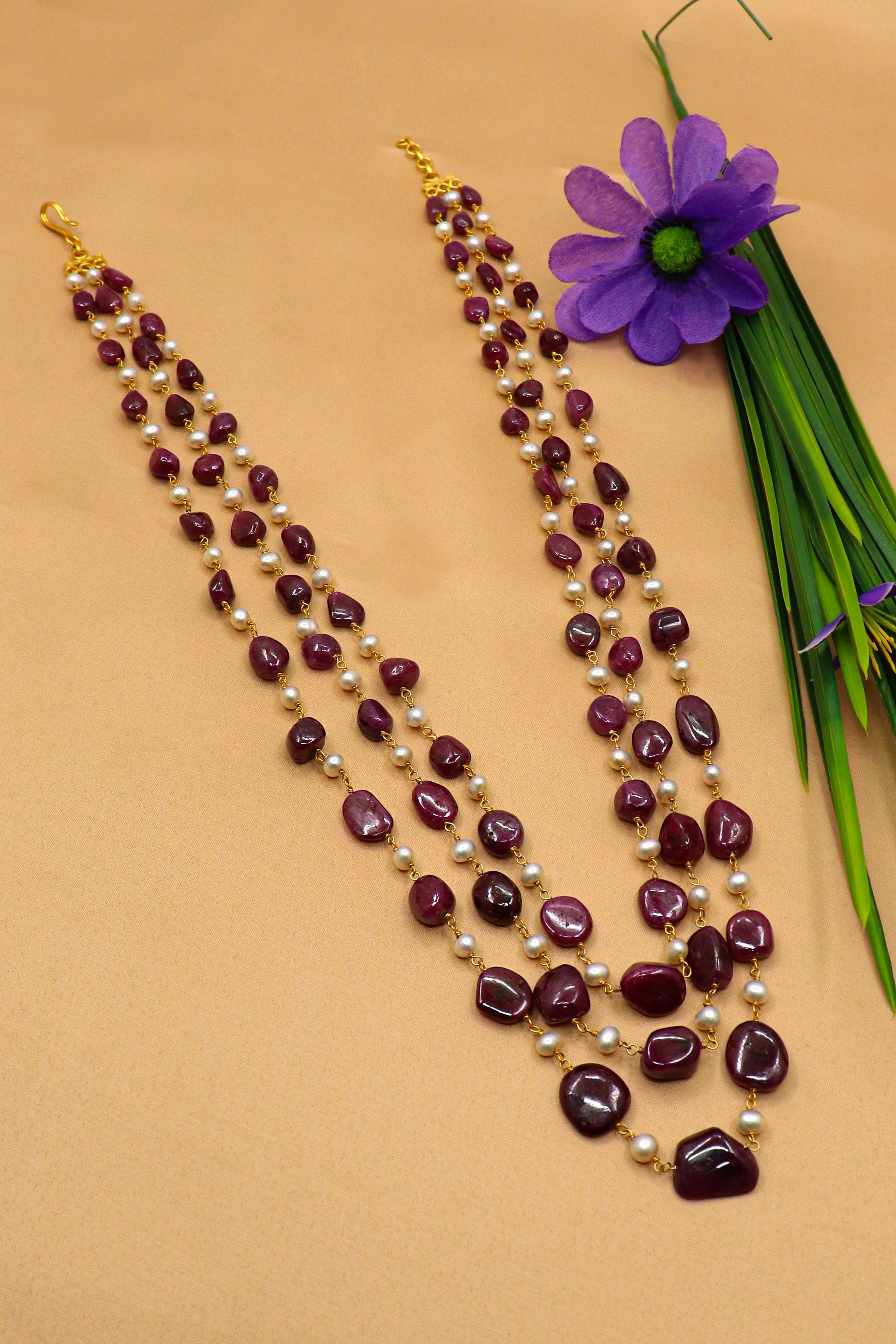 Pavani Necklace : Layer Up Stunning Ruby, Pearl Gemstone Necklaces - SurabhiJewels