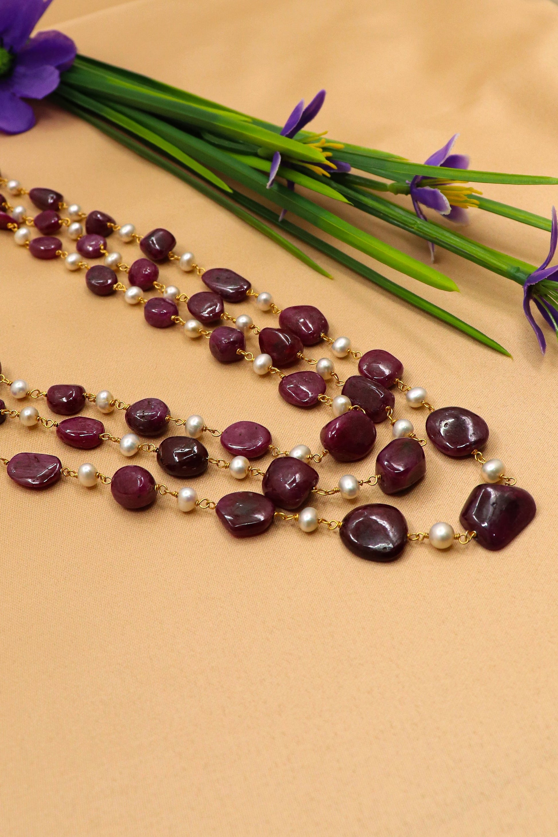 Pavani Necklace : Layer Up Stunning Ruby, Pearl Gemstone Necklaces - SurabhiJewels