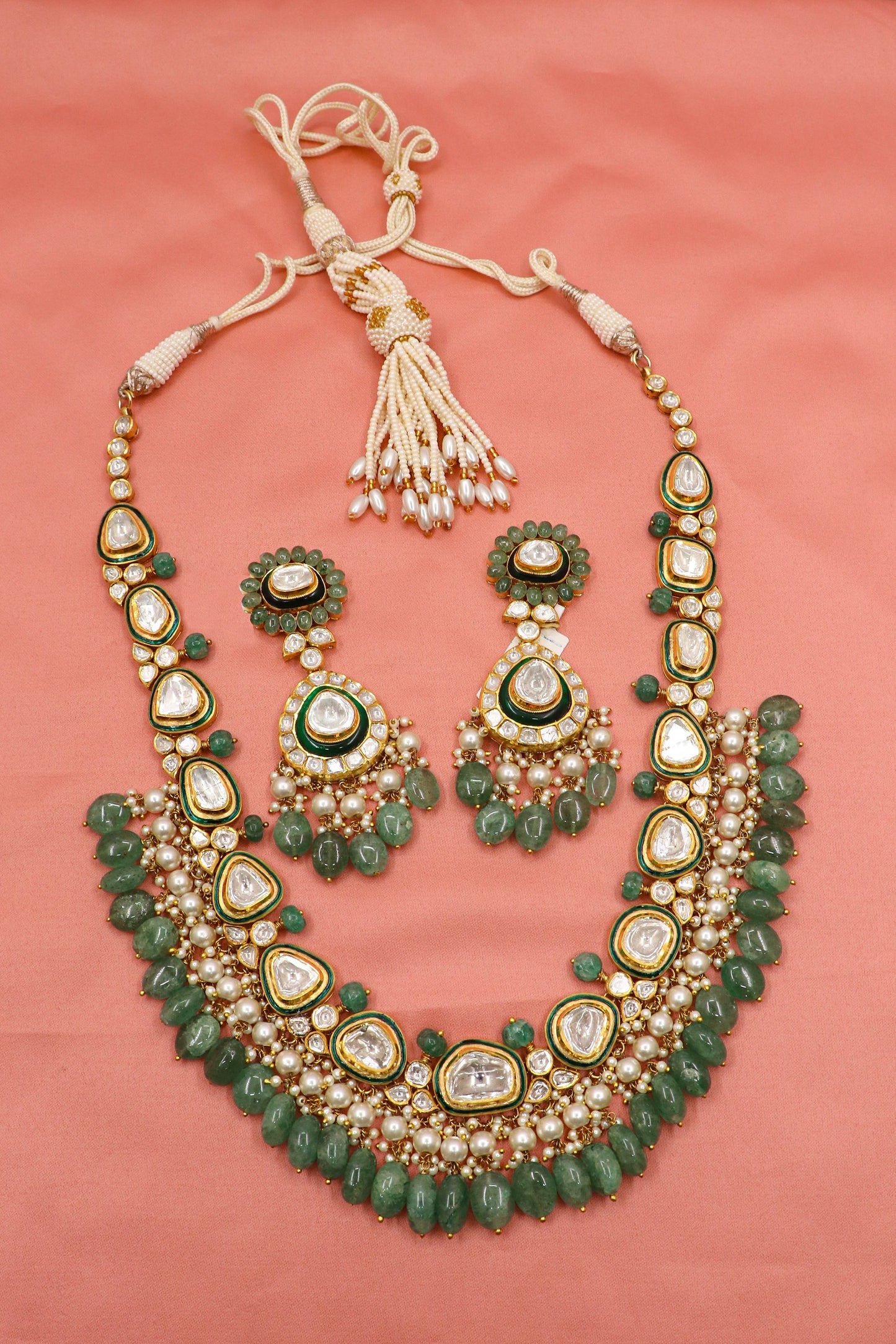 Prabhavati Necklace : Timeless Brilliance Diamond Polki, Emarald & Pearl Gemstones Necklace Set Jewelry - SurabhiJewels