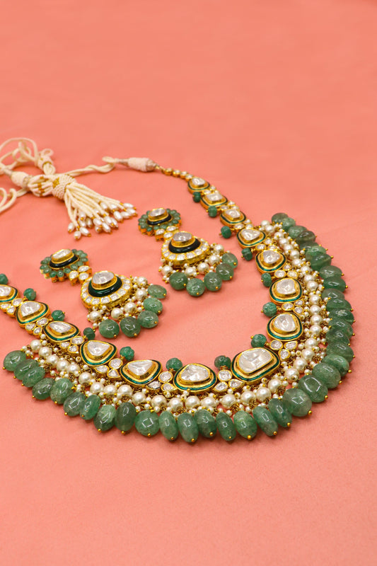 Prabhavati Necklace : Timeless Brilliance Diamond Polki, Emarald & Pearl Gemstones Necklace Set Jewelry - SurabhiJewels