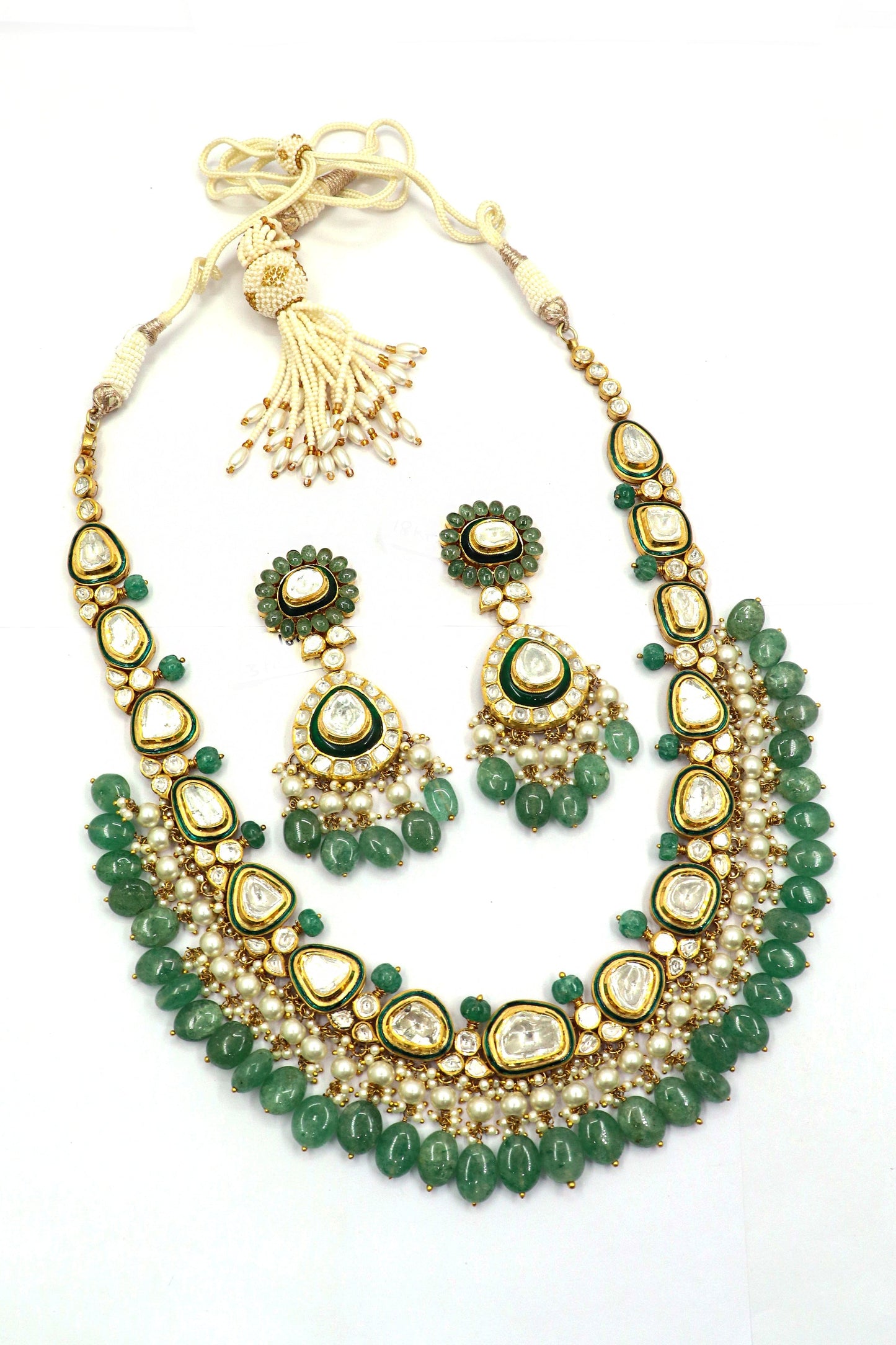 Prabhavati Necklace : Timeless Brilliance Diamond Polki, Emarald & Pearl Gemstones Necklace Set Jewelry - SurabhiJewels