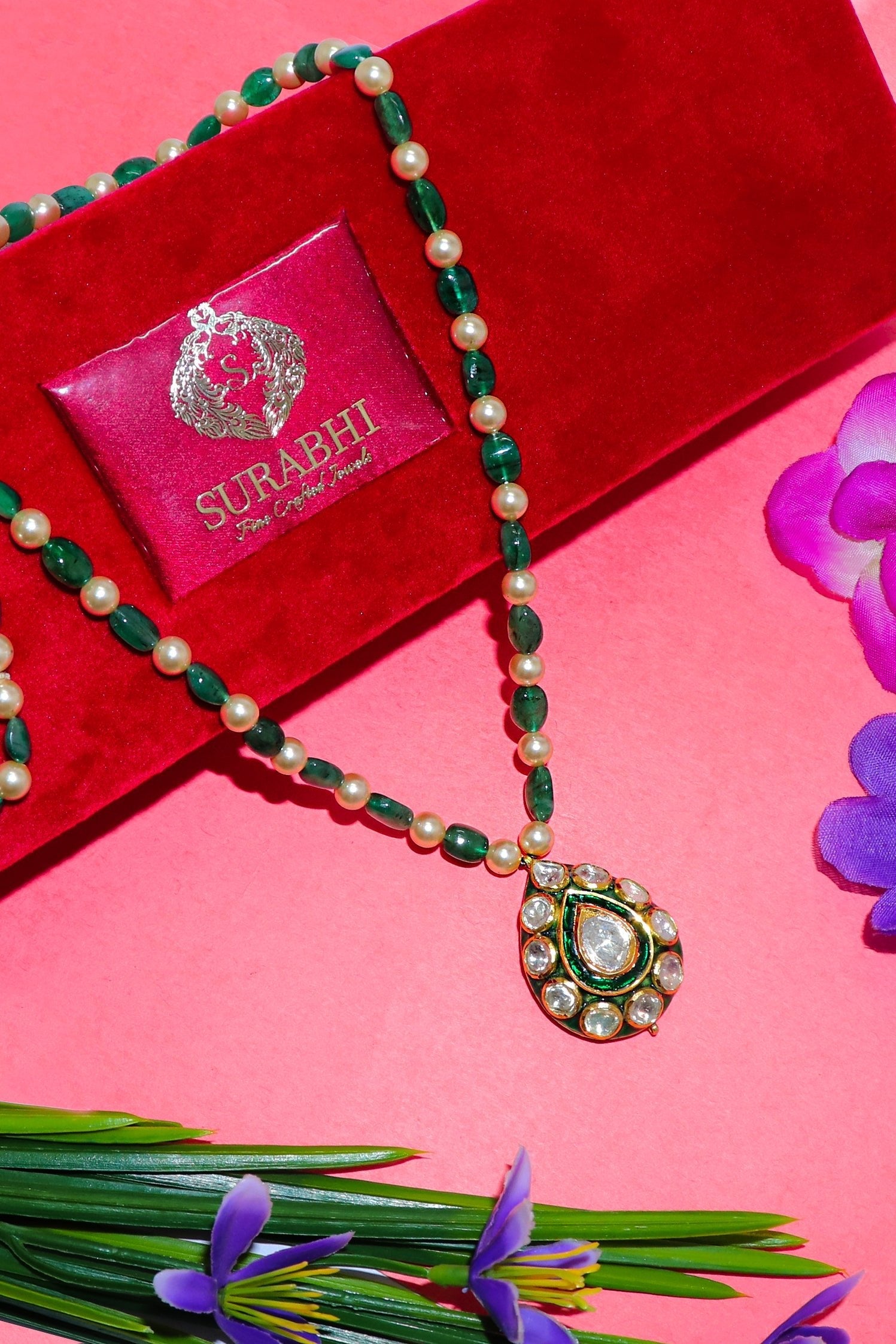 Pure Gold Emerald Peral With Polki Diamond Minakari Jadau Necklace - SurabhiJewels