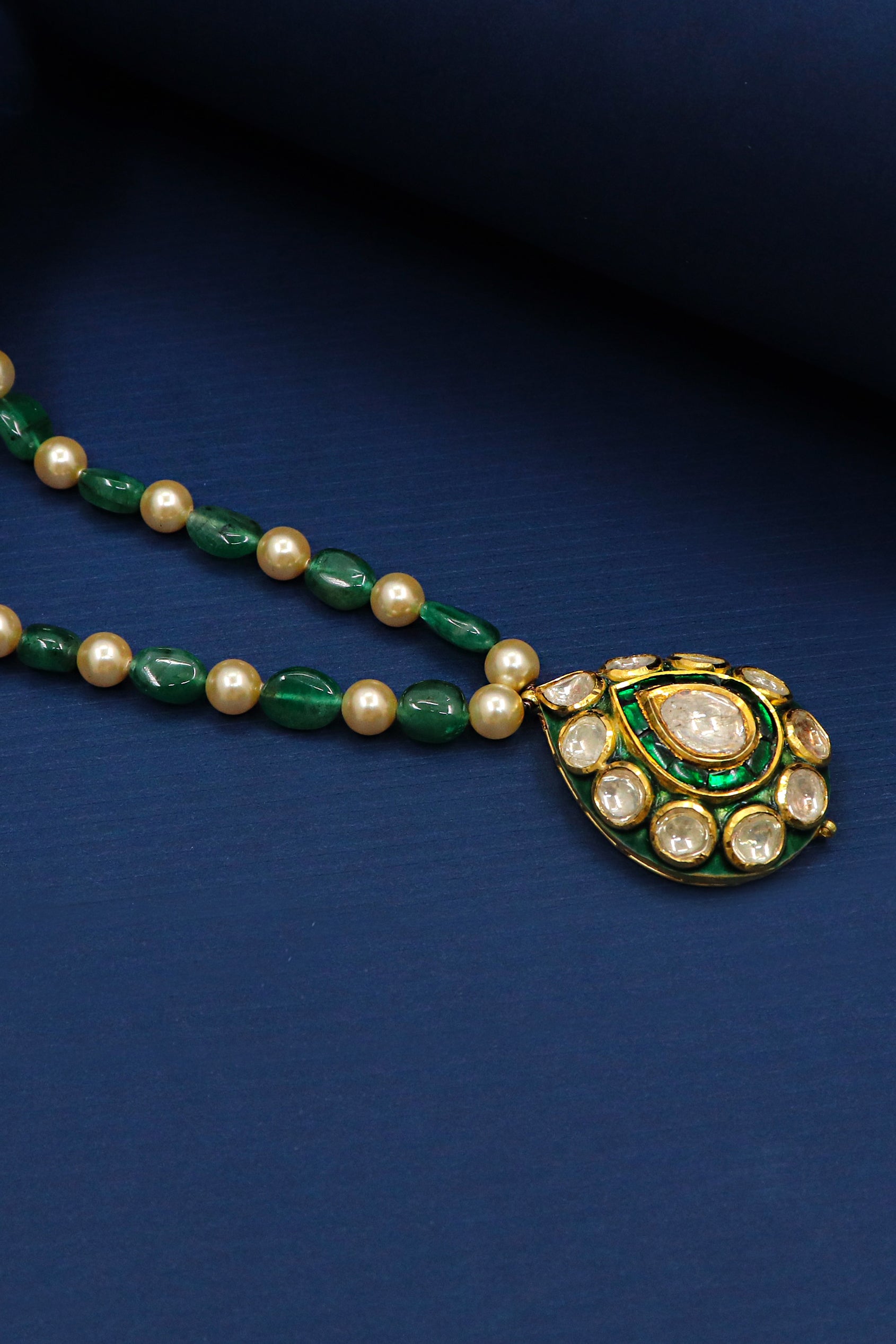 Pure Gold Emerald Peral With Polki Diamond Minakari Jadau Necklace - SurabhiJewels