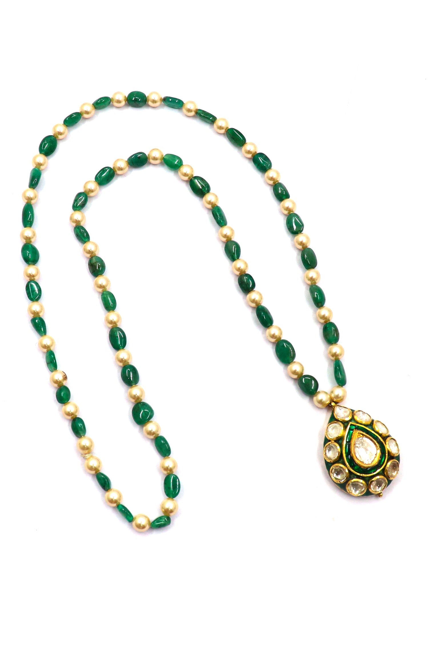 Pure Gold Emerald Peral With Polki Diamond Minakari Jadau Necklace - SurabhiJewels