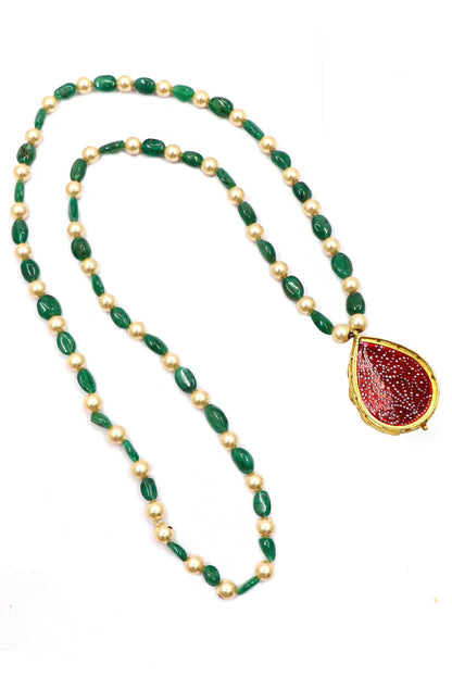 Pure Gold Emerald Peral With Polki Diamond Minakari Jadau Necklace - SurabhiJewels