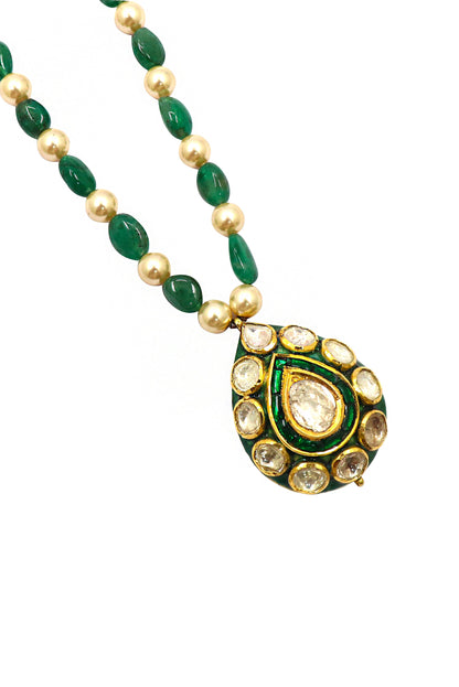 Pure Gold Emerald Peral With Polki Diamond Minakari Jadau Necklace - SurabhiJewels