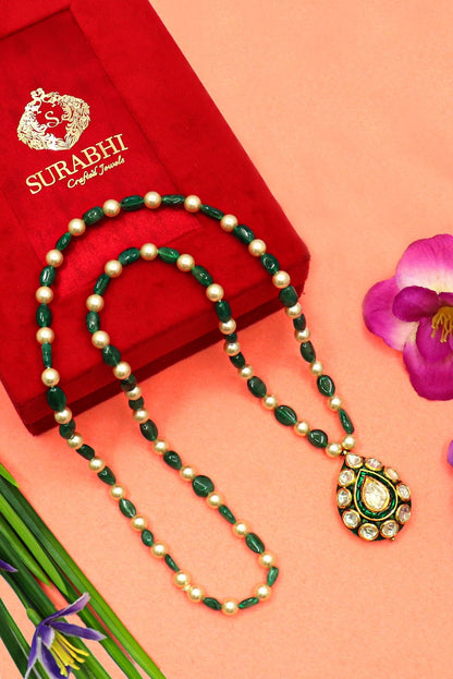 Pure Gold Emerald Peral With Polki Diamond Minakari Jadau Necklace - SurabhiJewels