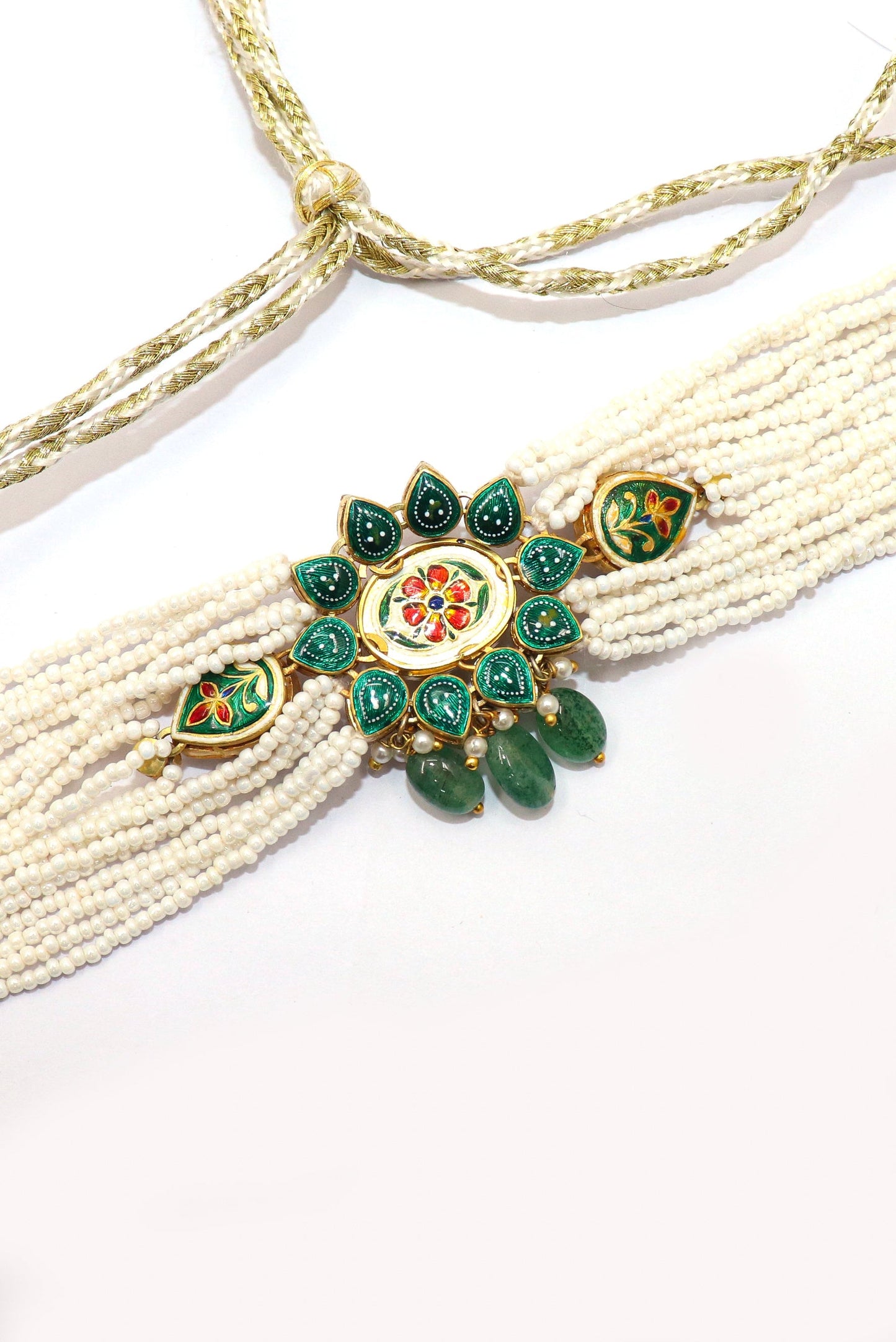 Pure Gold Pearl, Emerald With Polki Diamond Minakari Choker Adjustable Necklace - SurabhiJewels